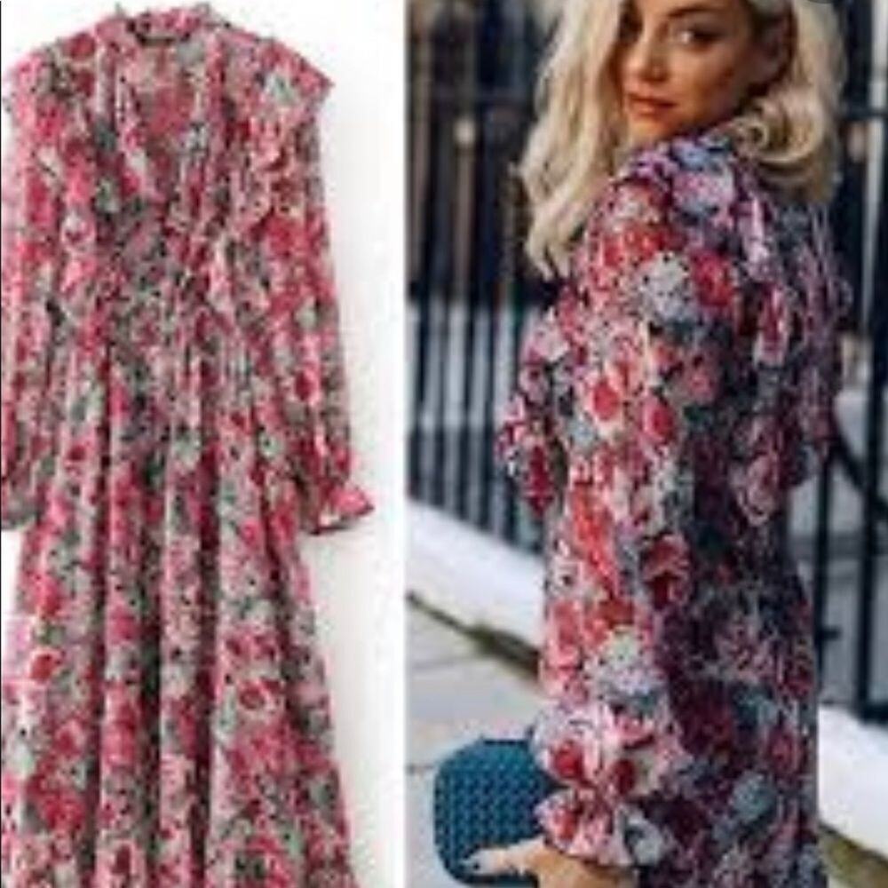 ZARA FLORAL ELASTIC WAIST LONG SLEEVE RUFFLE SIZE XS‎